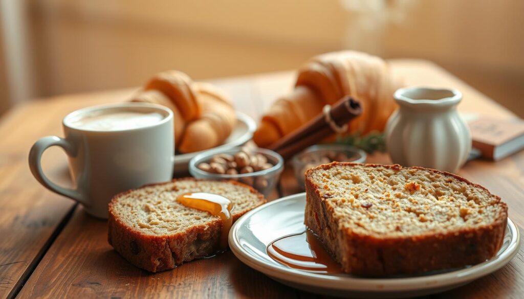 A cozy, rustic still life showcasing perfect pairings for a banana bread latte. In the foreground, a warm, freshly baked slice of banana bread, drizzled with honey and accompanied by a steaming mug of the frothy latte. In the middle ground, a selection of complementary treats - a flaky croissant, a small bowl of toasted walnuts, and a sprig of fragrant cinnamon. The background features a wooden table with a soft, natural light illuminating the scene, creating a inviting, café-like atmosphere. Lens: 35mm. Lighting: warm, diffused natural light.
