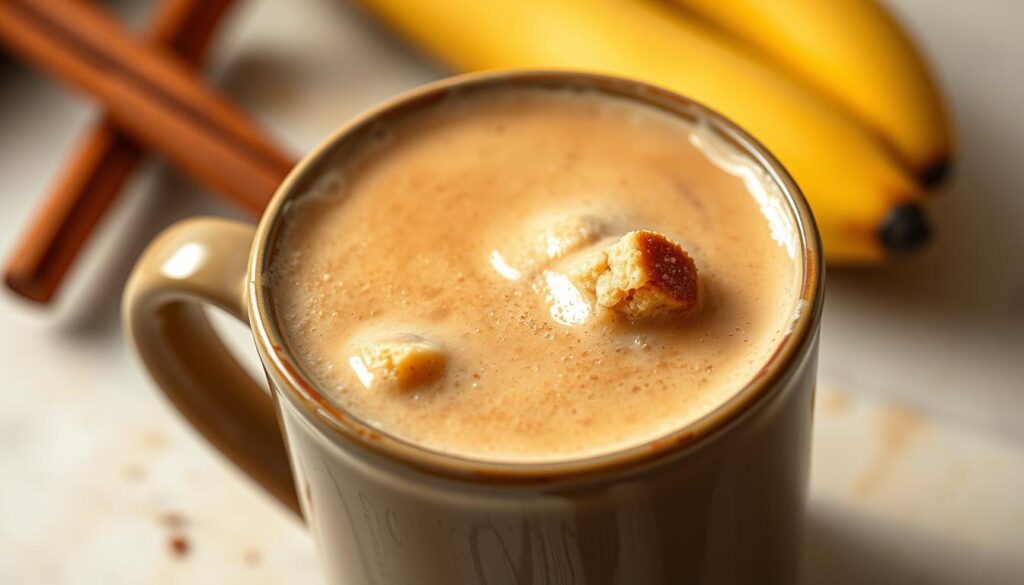 A steaming cup of banana bread latte, the smooth, creamy consistency captured in perfect detail. The vibrant golden-brown hue of the frothy milk, accented by the rich, moist texture of the banana bread crumbs gently floating on the surface. Soft, ambient lighting casts a warm, inviting glow, while the delicate aroma of cinnamon and vanilla wafts through the air, enveloping the senses. The mug, made of sturdy ceramic, reflects the scene with a slight distortion, adding depth and character to the composition. A sense of cozy, indulgent comfort radiates from the image, perfectly embodying the essence of a perfectly crafted banana bread latte.